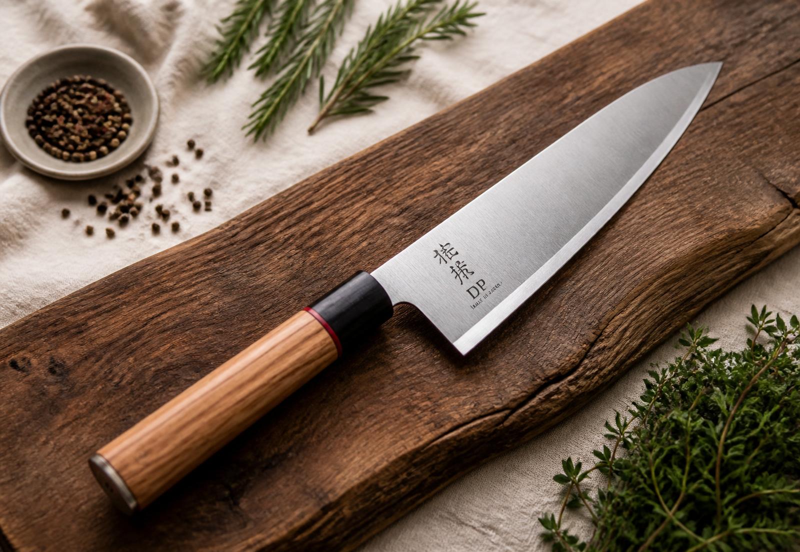 Coltello da cucina con lama in acciaio e manico in legno su tagliere, stile Matsato